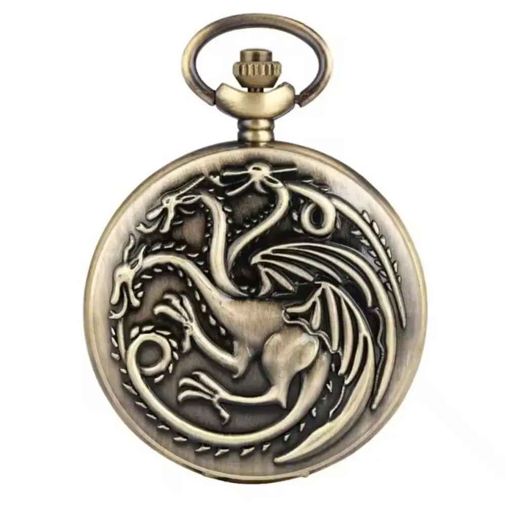 Three Headed Dragon Pocket Watch Necklace Brass Color Fantasy Pendant Chain